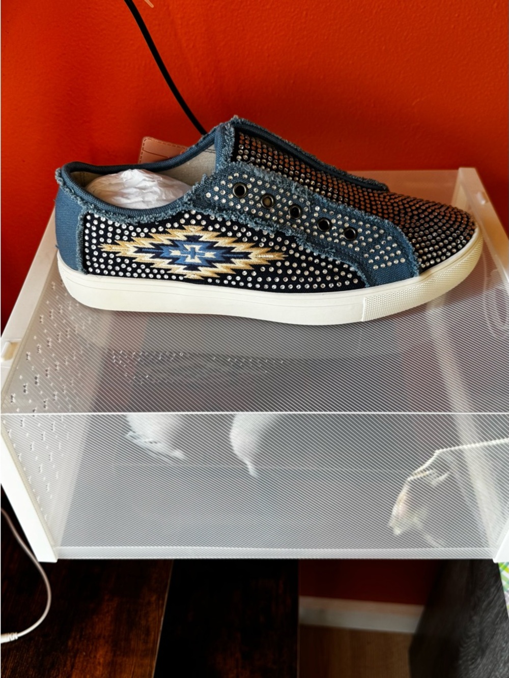 Montana West Blue Embellished Slip-On Sneakers with Aztec Accent